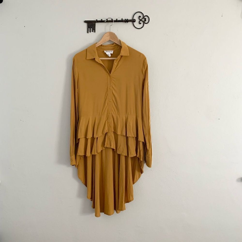 For the Republic mustard yellow button down high-low long sleeve longline blouse